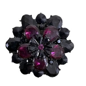 LOFT by Ann Taylor Black & Plum Rhinestone Flower Brooch 2.5" Statement Pin